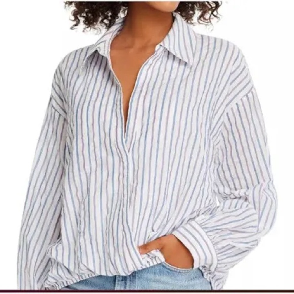 Cinq A Sept Blouse Lillian Faux Wrap Blue Red Stripe High Low Elastic xSmall